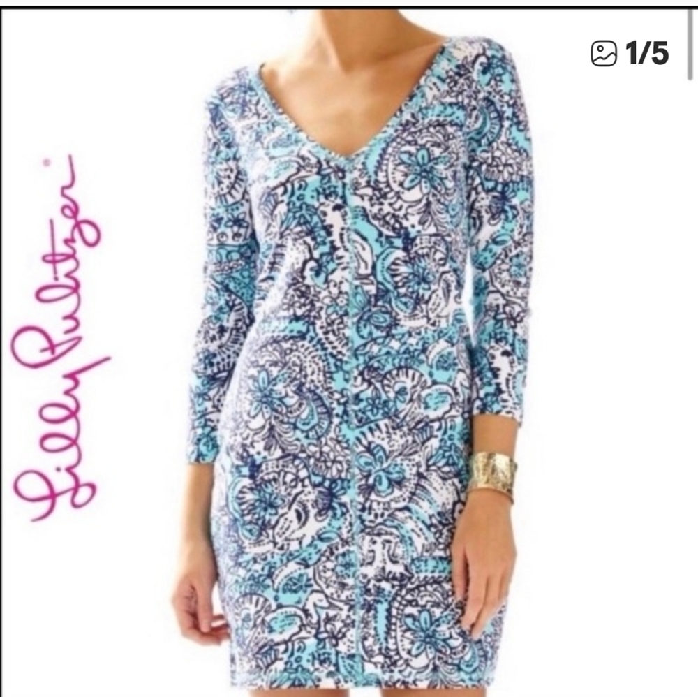 Lilly Pulitzer Aqua and Navy Paisley V‑Neck Shift Dress